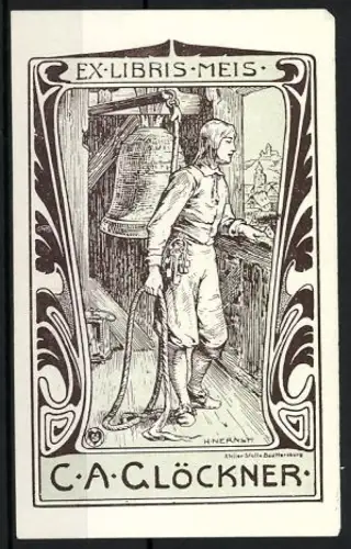 Exlibris Meis, C.A. Glöckner neben einer Glocke