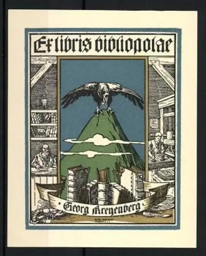 Exlibris Georg Kregenberg, Bibliopola und Bücherberg mit Adler