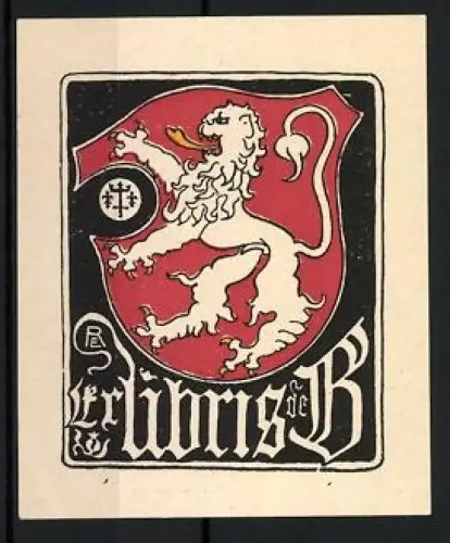Exlibris mit rotem Löwenwappen und Initialen B