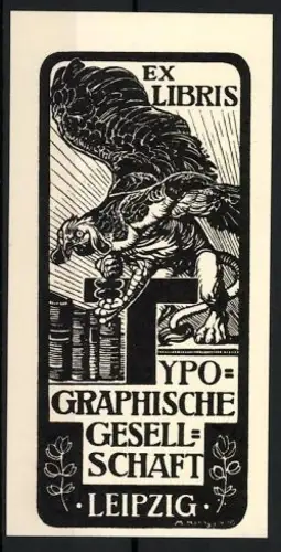 Exlibris Typographische Gesellschaft Leipzig, Basilisk auf einem Bücherregal