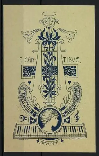 Exlibris Musikalische Lyra mit Noten und Porträt, Jugendstil