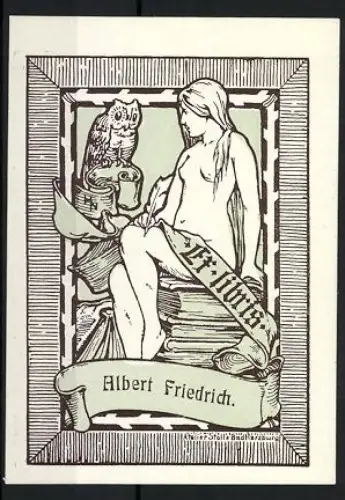 Exlibris Albert Friedrich, Aktfigur mit Eule und Bücherstapel