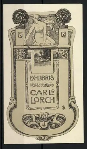 Exlibris Carl Lorch, Nackte Frau sitzt auf einem Brunnen