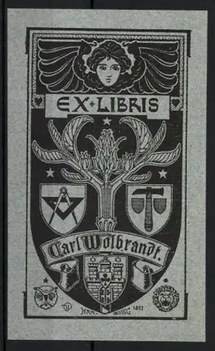 Exlibris Carl Wolbrandt, Engel mit gespreizten Flügeln über Wappen