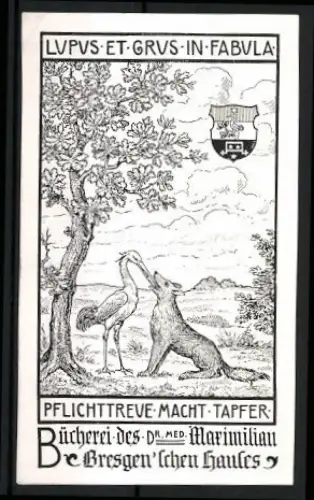 Exlibris Dr. med. Maximilian Bresgen, Stroch füttert einen Wolf