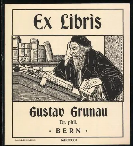 Exlibris Dr. phil. Gustav Grunau, Bern, Gelehrter am Schreibtisch