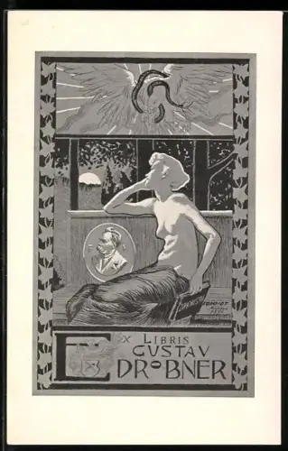 Exlibris Gustav Drobner, Unbekleidete Frau neben Portrait von Friedrich Nietzsche