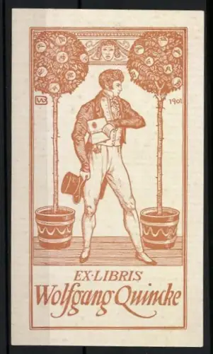 Exlibris Wolfgang Quincke, Elegant gekleideter Mann unter Bäumen, Jugendstil