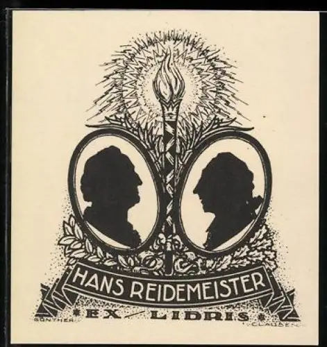 Exlibris Hans Reidemeister, Silhouetten Goethe & Schiller mit Fackel