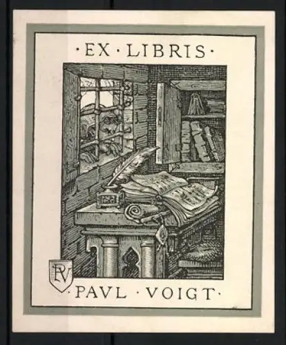 Exlibris Paul Voigt, Schreibstube mit Feder und offenem Buch