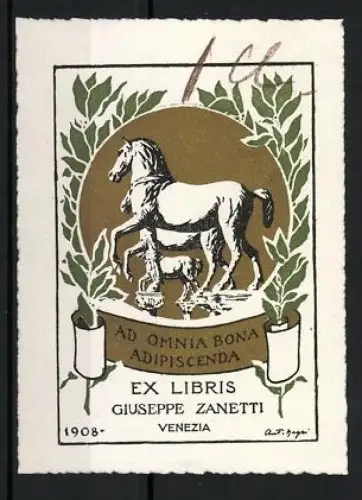 Exlibris Giuseppe Zanetti, Ad Omnia Bona Adipiscenda, Pferd mit Blumenumrahmung