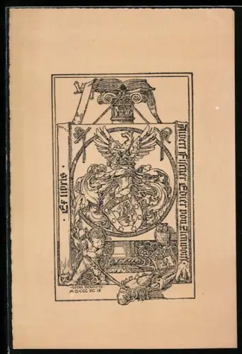 Exlibris Albert Fischer Edler von Zickwoiss, Wappen mit Helm und Engeln