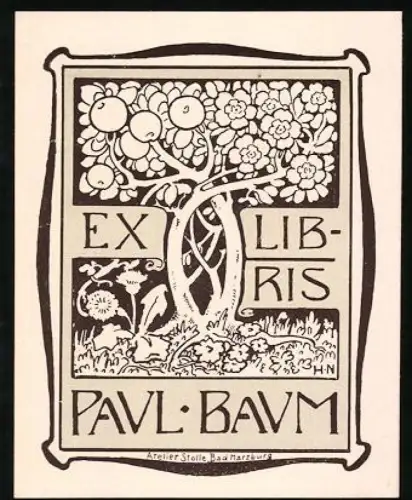 Exlibris Paul Baum, Naturmotiv mit blühendem Baum und Blumen im Jugendstil