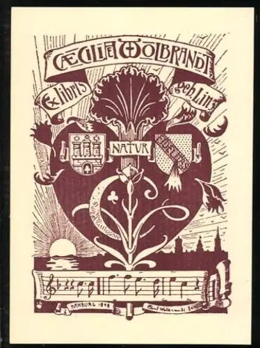 Exlibris Caecilia Wolbrandt, Wappen auf einer stilisierten Herzform