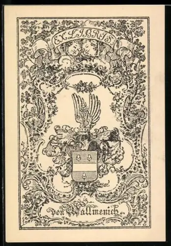Exlibris Von Wallmenich, Wappenmotiv mit Flügelhelm und Ornamenten