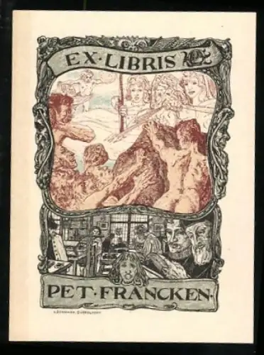 Exlibris Pet. Frankcken, Lesende Gelehrte und griechische Götter mit Blitzen