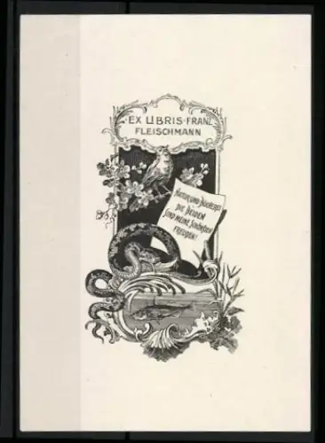 Exlibris Franz Fleischmann, Schlange, Vogel und Fisch mit Spruchband