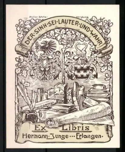 Exlibris Hermann Junge, Erlangen, Wappen über einem Bücherstapel
