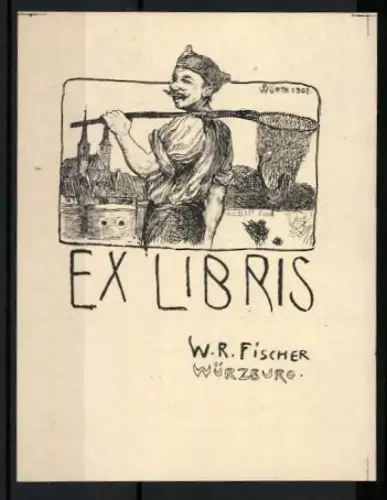 Exlibris W.R. Fischer, Fischer vor einem Ort mit Kirche