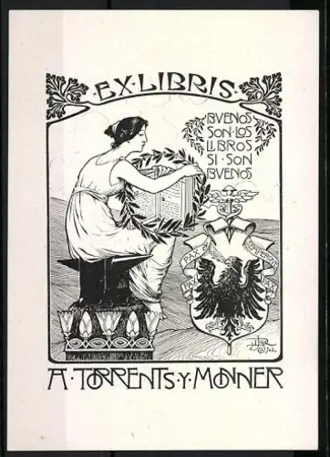 Exlibris A. Torrents y Monner, Frau mit Wappen und Inschrift