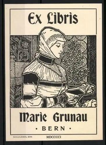 Exlibris Marie Grunau, Lesende Frau mit Halskette