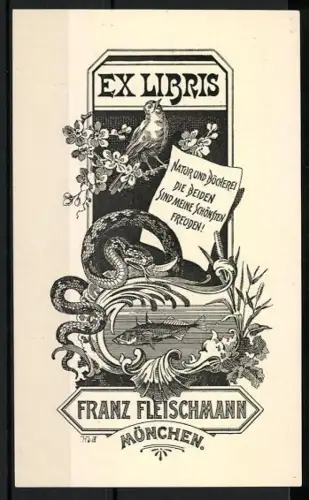 Exlibris Franz Fleischmann, München, Schlange, Vogel und Fisch