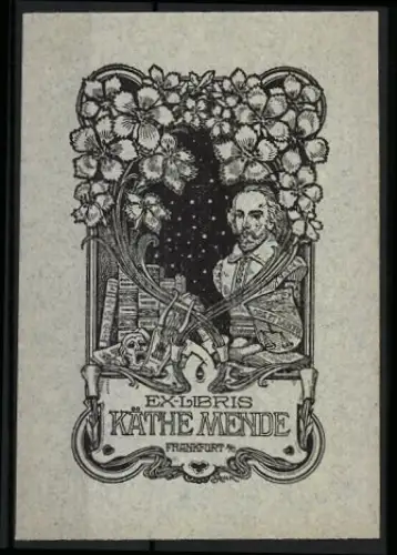 Exlibris Käthe Mende, Porträt und Bücher in Blätterrahmen, Wappen mit Ora et labora, Büste von William Shakespeare