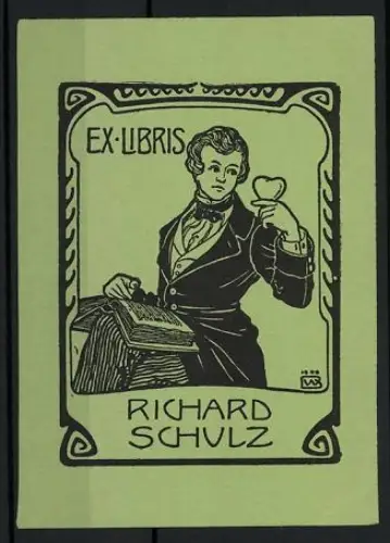 Exlibris Richard Schulz, Mann mit Buch und Apfel
