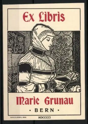 Exlibris Marie Grunau, Lesende Frau mit Halskette