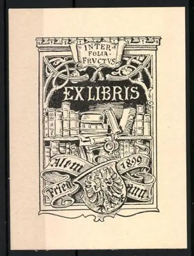Exlibris Friedr. Altmann, Bücher und Adler auf einem Wappenschild