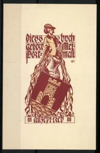 Exlibris Melportman, Mann mit Schlüssel auf einem Helm mit Wappen