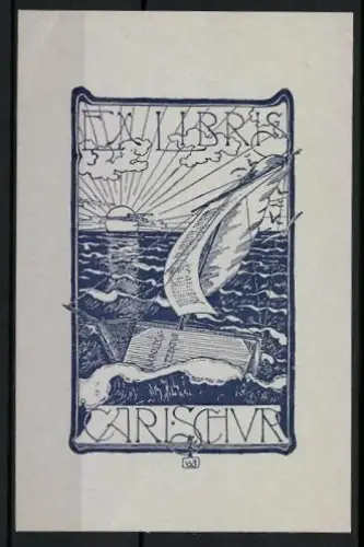 Exlibris Carl Schur, Schiff als Segelboot während der Dämmerung, Allegorie für den Aufbruch zu neuem Wissen