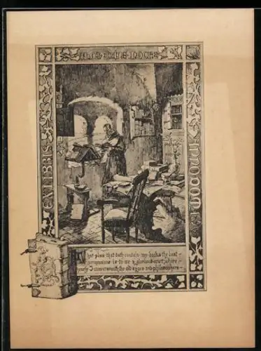 Exlibris Thos. Eting-Moore, Gelehrter in Bibliothek