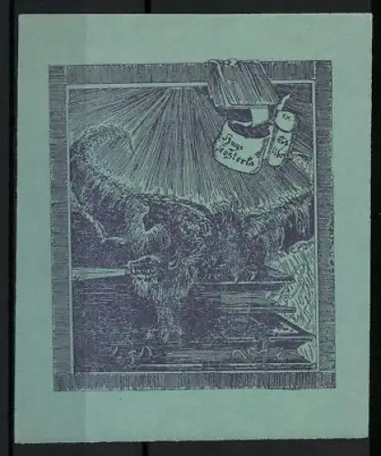 Exlibris Hugo Kosterla, Feuerspeiender Drache auf einer Treppe