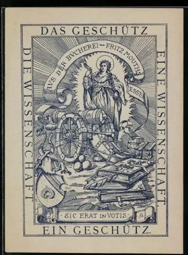 Exlibris Fritz Mouth, Das Geschütz der Wissenschaft, Frau neben einer Kanone