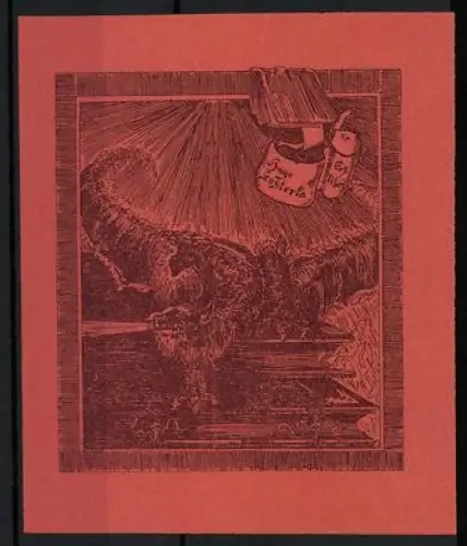Exlibris Hugo Kosterla, Feuerspeiender Drache auf einer Treppe