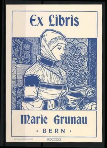 Exlibris Marie Grunau, Bern, Frau mit Halskette beim Lesen