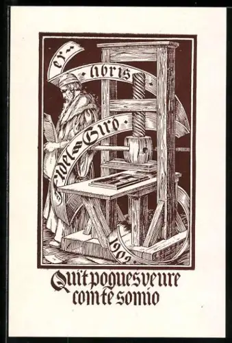 Exlibris Fidel Giro, Gelehrter neben einer Buchpresse