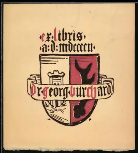 Exlibris Dr. Georg Burchard, Wappen mit Turm und Hirschgeweih