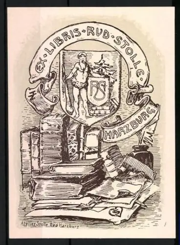 Exlibris Rud. Stolle, Harzburg, Bücher und Wappen