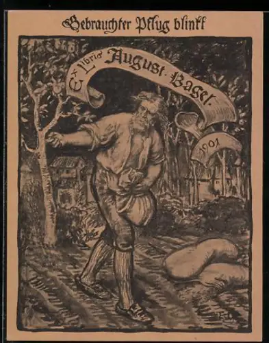 Exlibris August Bagel, Gebrauchter Pflug blinkt, Farmer bei der Aussaat