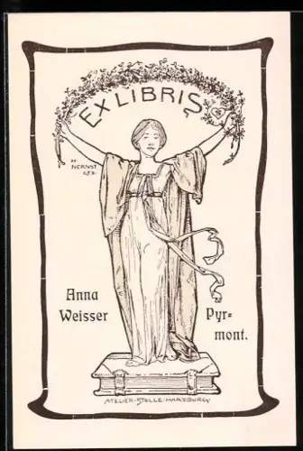 Exlibris Anna Weisser, Pyrmont, Frau mit Blumenkranz, Jugendstil