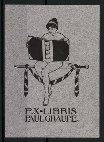 Exlibris Paul Graupe, Nackte Frau mit buch sitzt auf einem Schwert