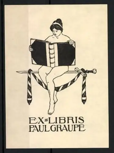 Exlibris Paul Graupe, Nackte Frau mit Buch sitzt auf einem Schwert