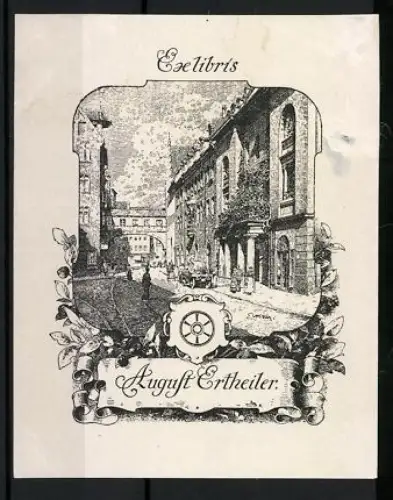 Exlibris August Ertheiler, Ortsansicht mit Strasse und Häusern