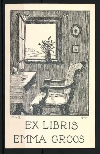 Exlibris Emma Groos, Gemütliches Zimmer mit Fensterblick