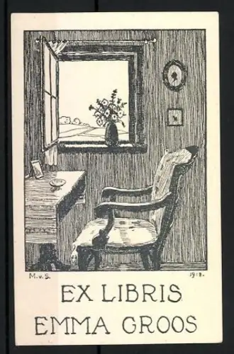 Exlibris Emma Groos, Zimmer mit Fenster und Blumenstrauss