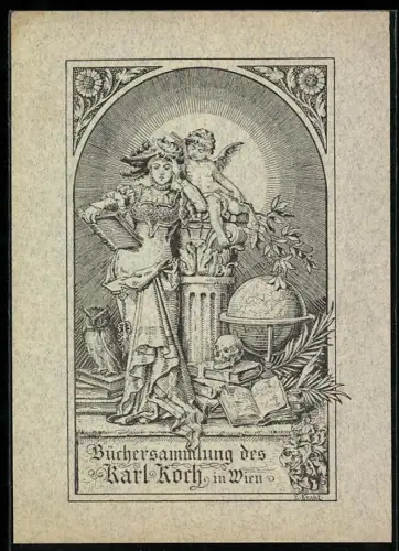 Exlibris Karl Koch, Bücherliebhaberin mit Putte und Globus