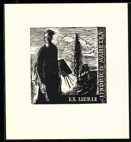 Exlibris Jindrich Mahelka, Künstler mit Staffelei vor Landschaft