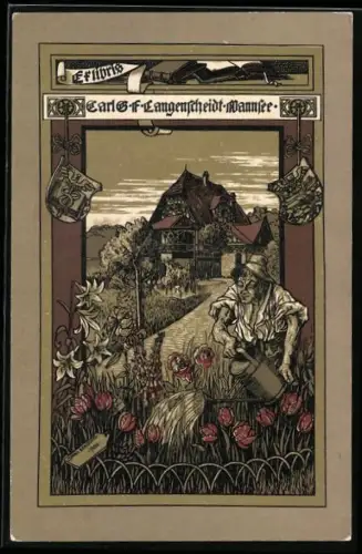 Exlibris Carl G. f. Langenscheidt-Mannsee, Gärtner bei Landhaus und Wappen